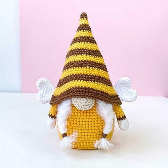 Gnome Bee Plush Butterfly Wings White Braids Faceless Crocheted Doll Gift NEW - Picture 1 of 2